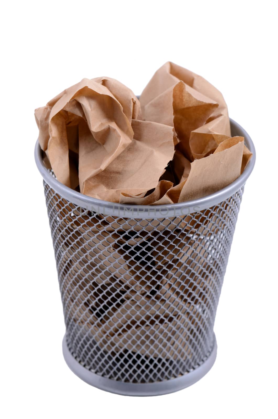 waste bin with crumpled brown paper