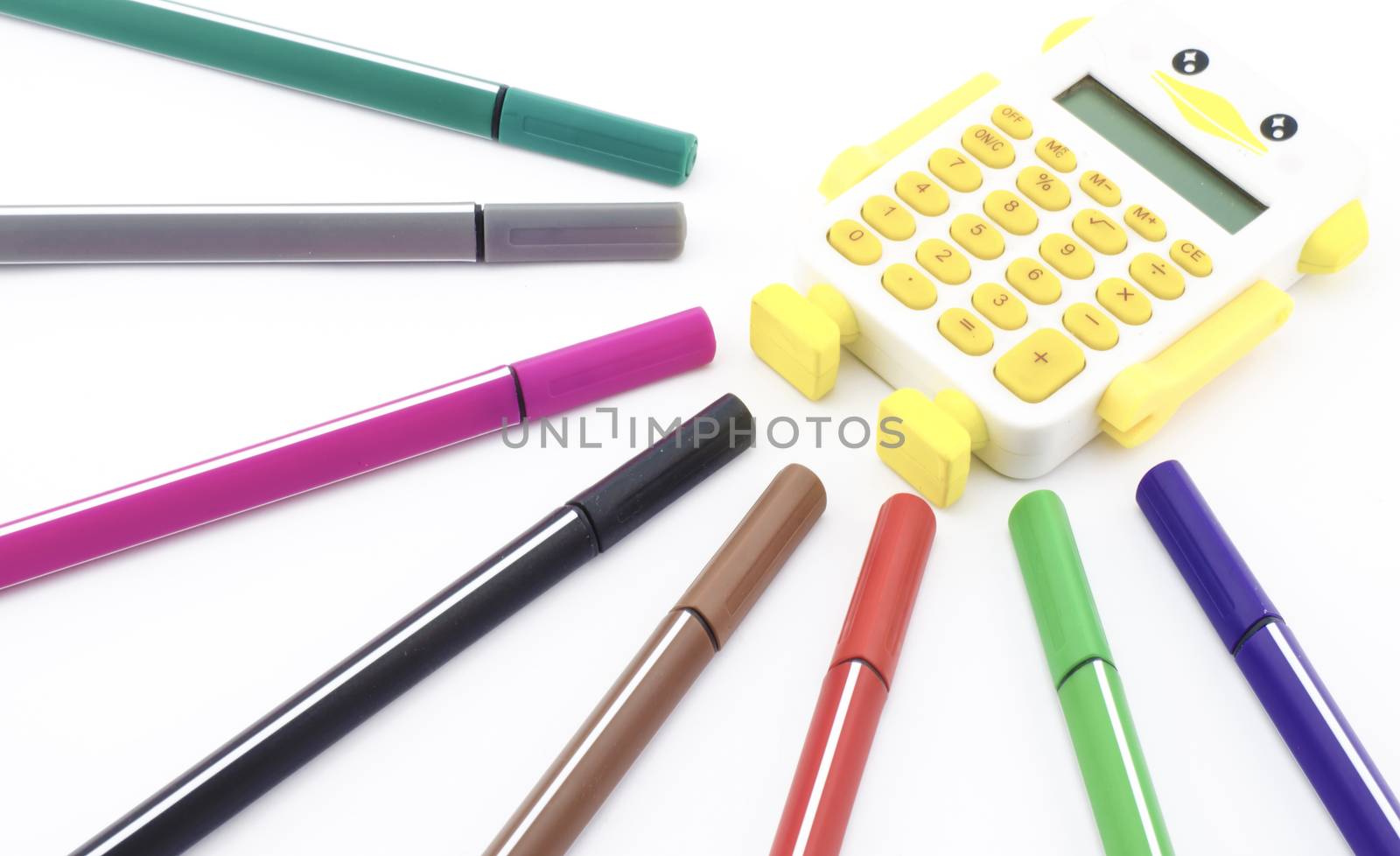 colorful pen with calculator isolated on white by ammza12