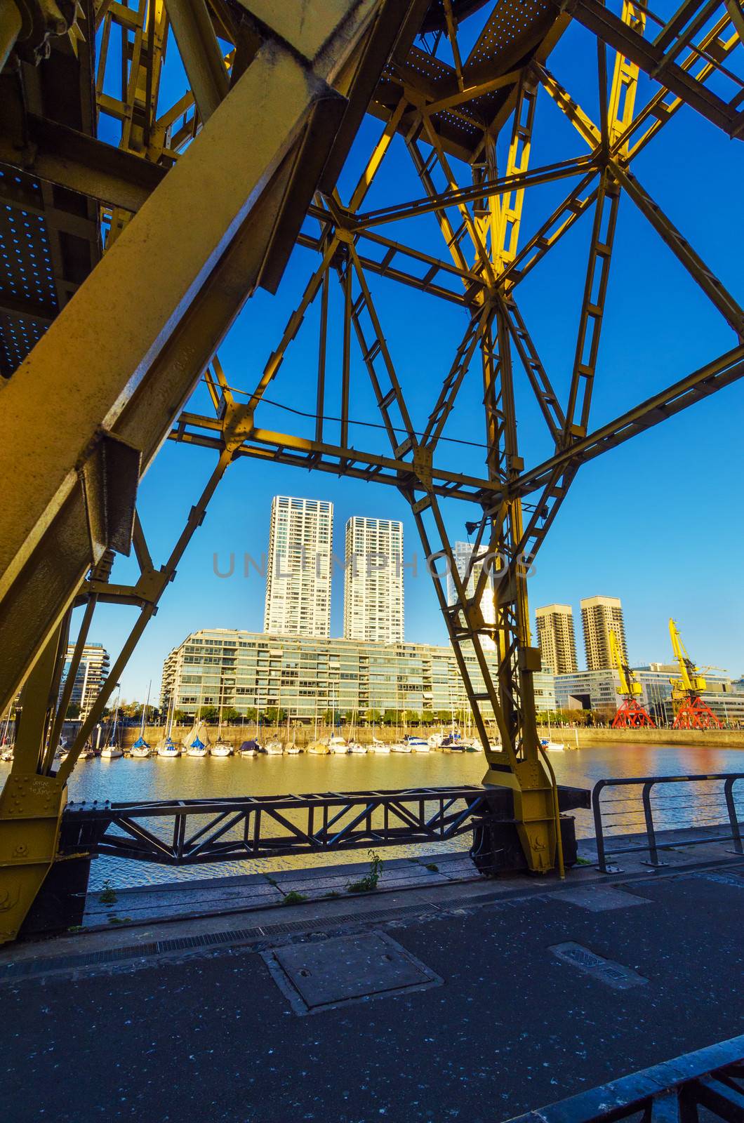 View of Puerto Madero skyscrapers as seen from under a crane in Buenos Aires