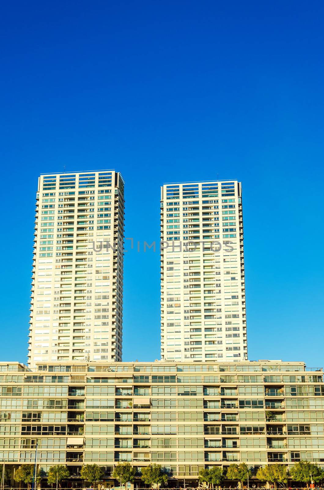 Facades of tall apartment buildings in the Puerto Madero neighborhood of Buenos Aires