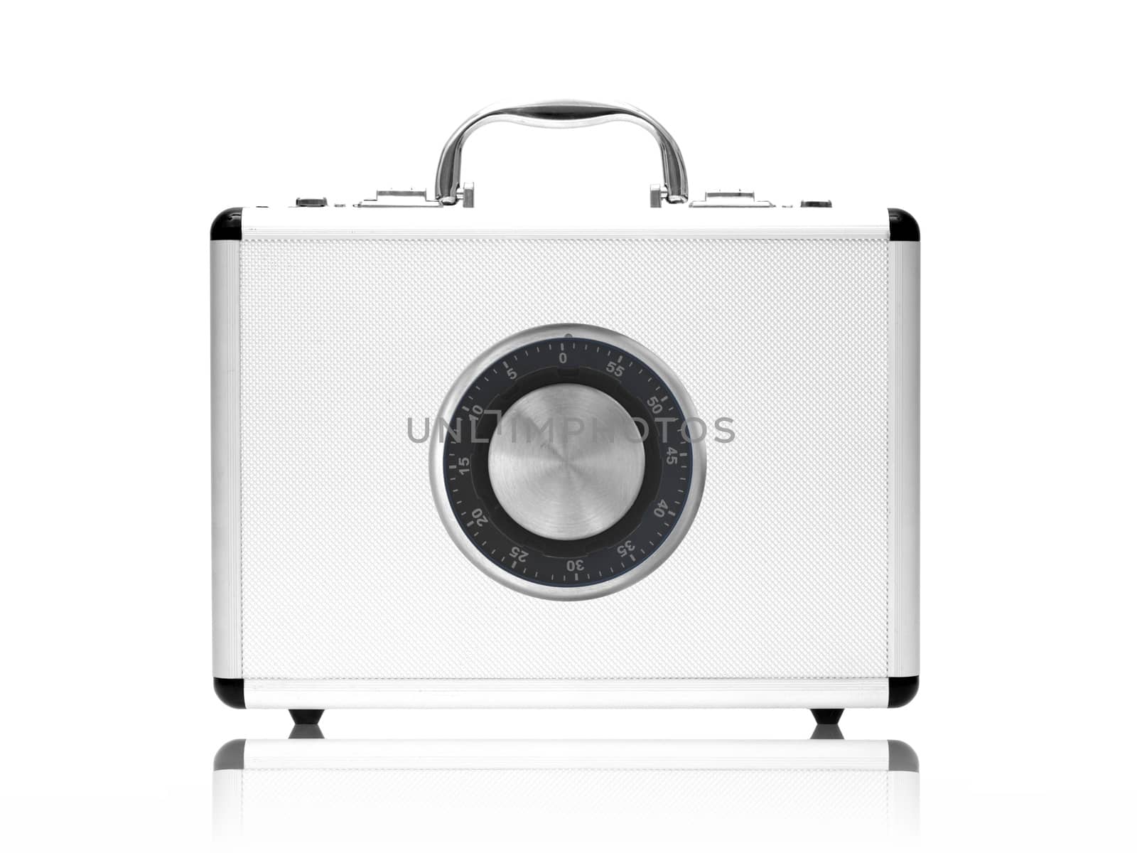 A metal briefcase isolated against a white background