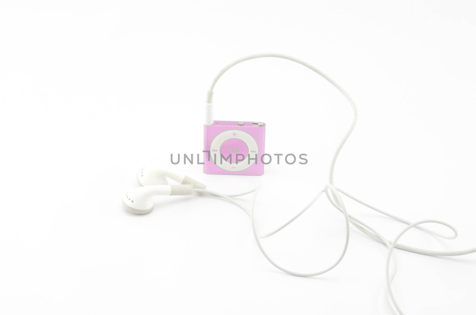 pink mp3 player with earphone isolated on white background