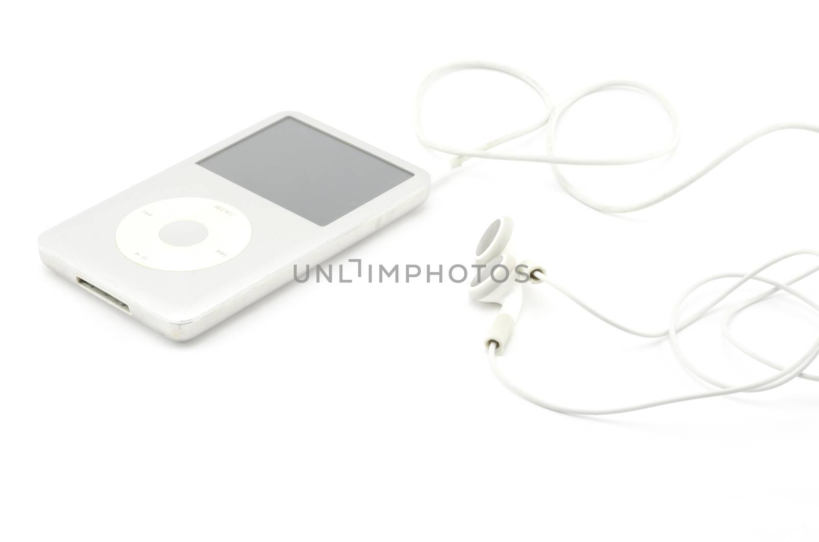 mp3 player with earphone isolated on white by ammza12