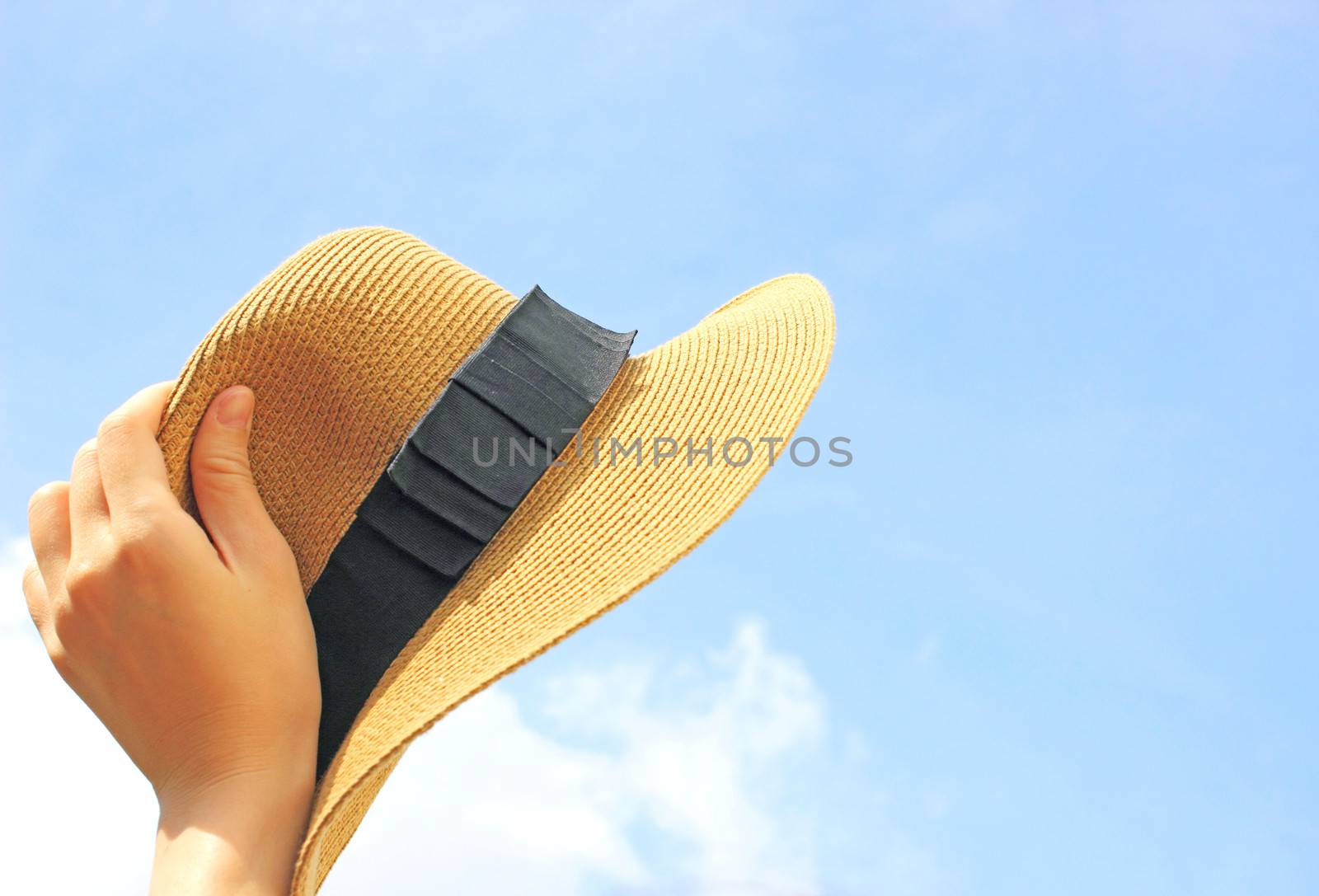 Woman hand holding panama hat with blue sky