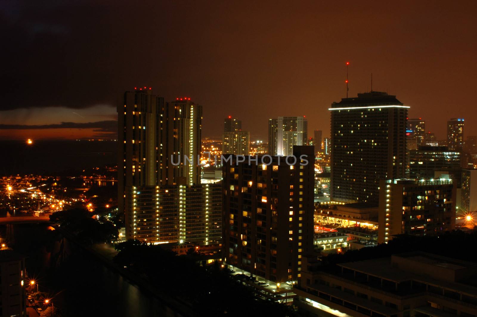 Downtown area of the city of Honolulu, Hawaii at night