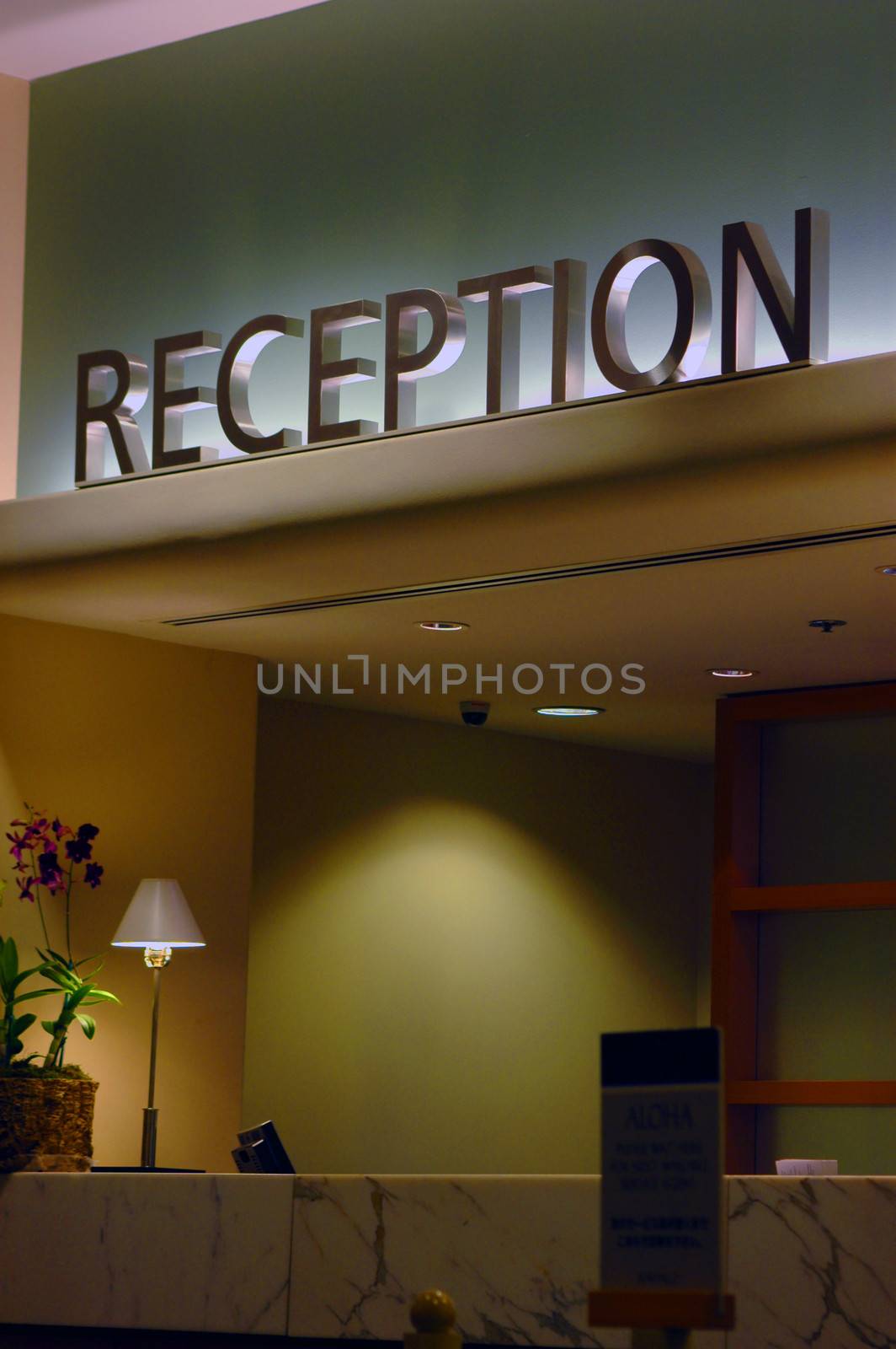 A reception desk at a modern hotel