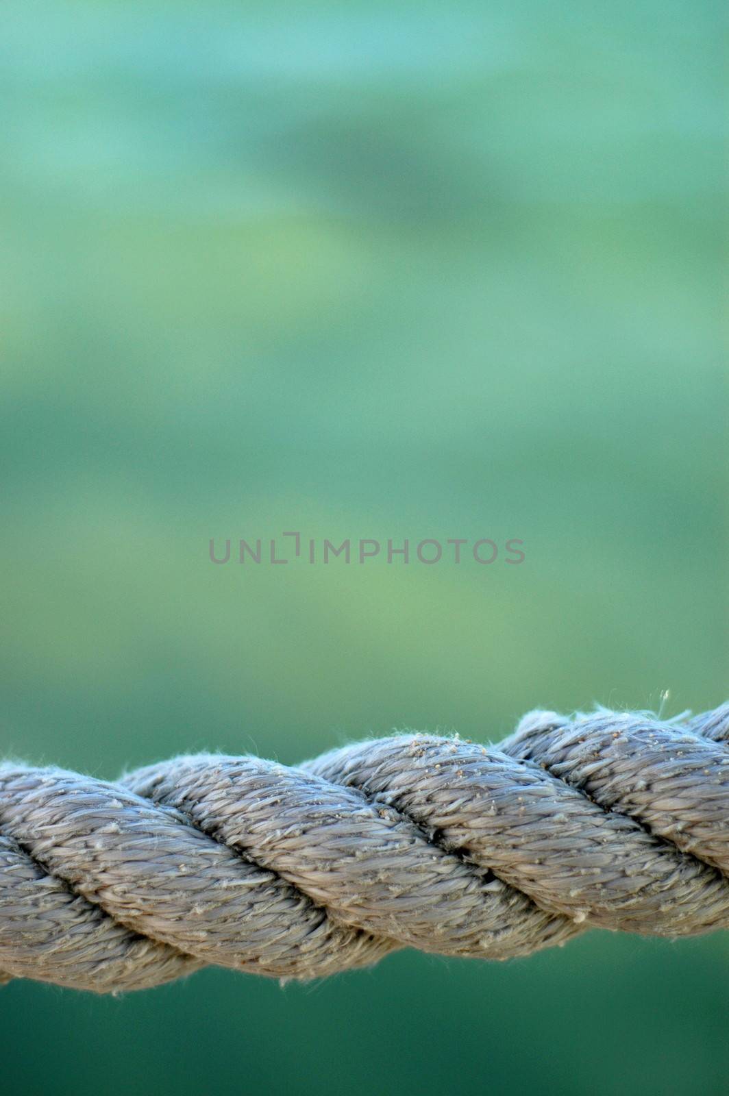 Nautical Image Of Some Weathered Harbor Rope Against A Green Ocean Background With Copy Space
