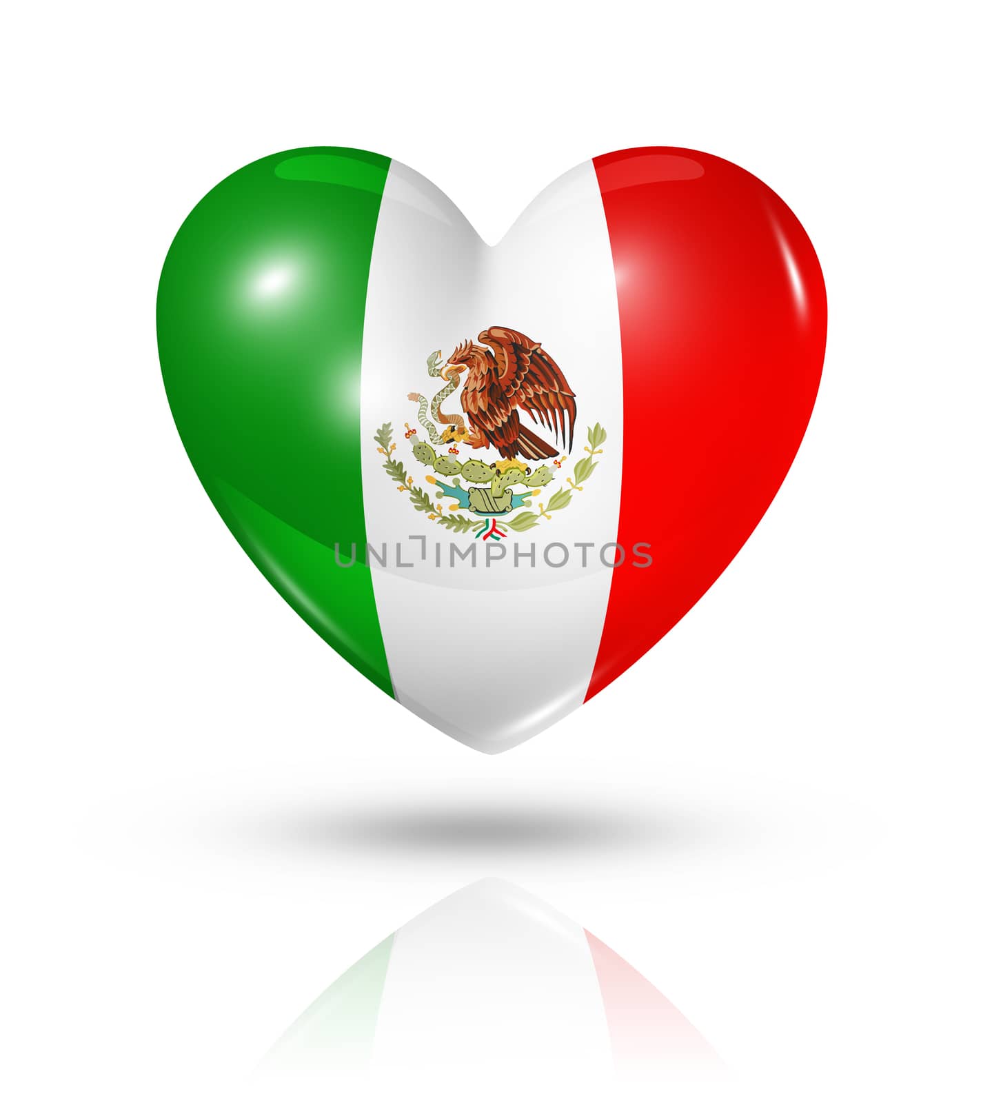 Love Mexico symbol. 3D heart flag icon isolated on white with clipping path