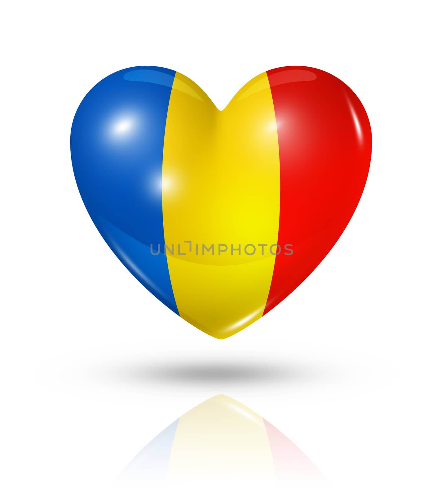 Love Romania symbol. 3D heart flag icon isolated on white with clipping path