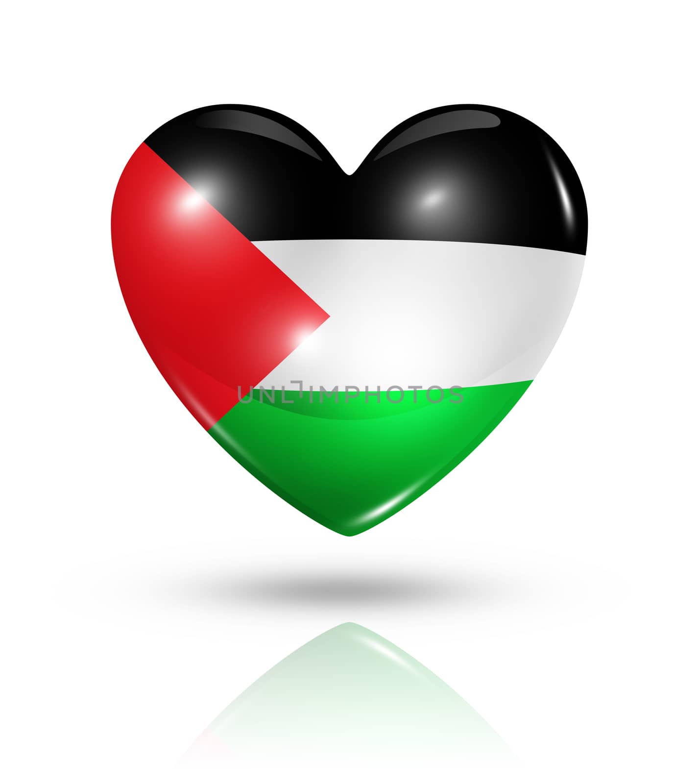 Love Palestine symbol. 3D heart flag icon isolated on white with clipping path