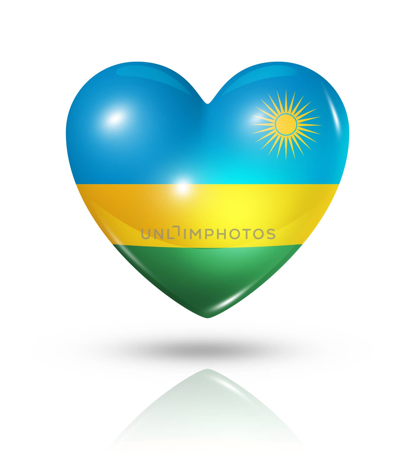 Love Rwanda symbol. 3D heart flag icon isolated on white with clipping path