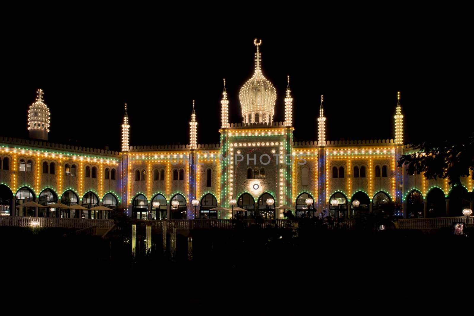 Nimb, moorish palace in Tivoli, Copenhagen, illuminated