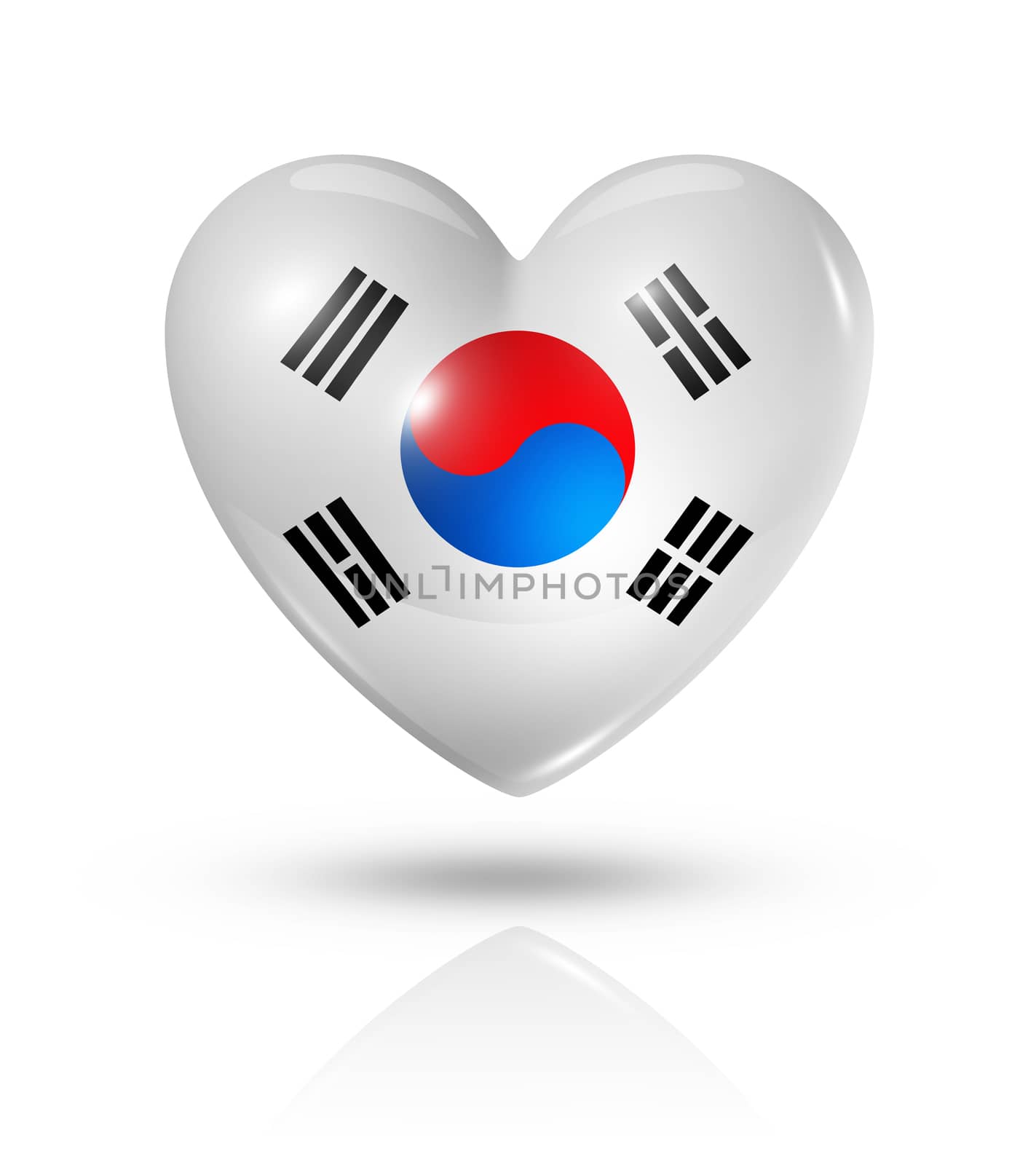 Love South Korea symbol. 3D heart flag icon isolated on white with clipping path