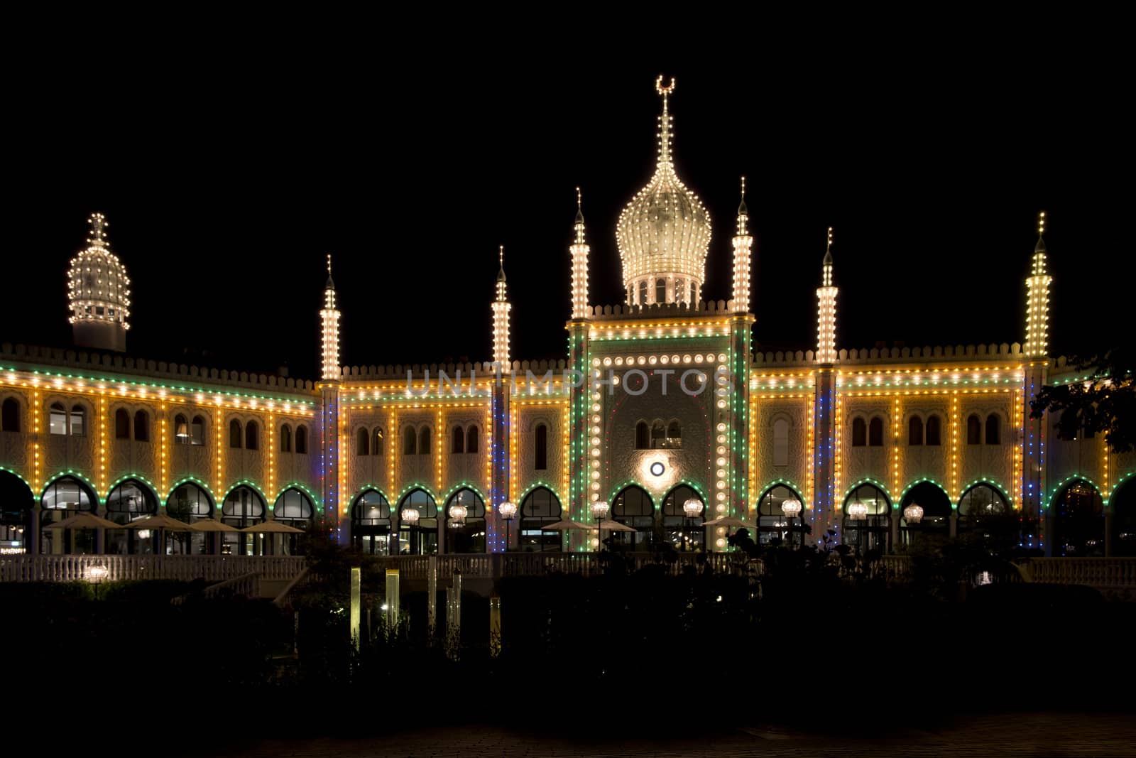 Nimb, moorish palace in Tivoli, Copenhagen, illuminated