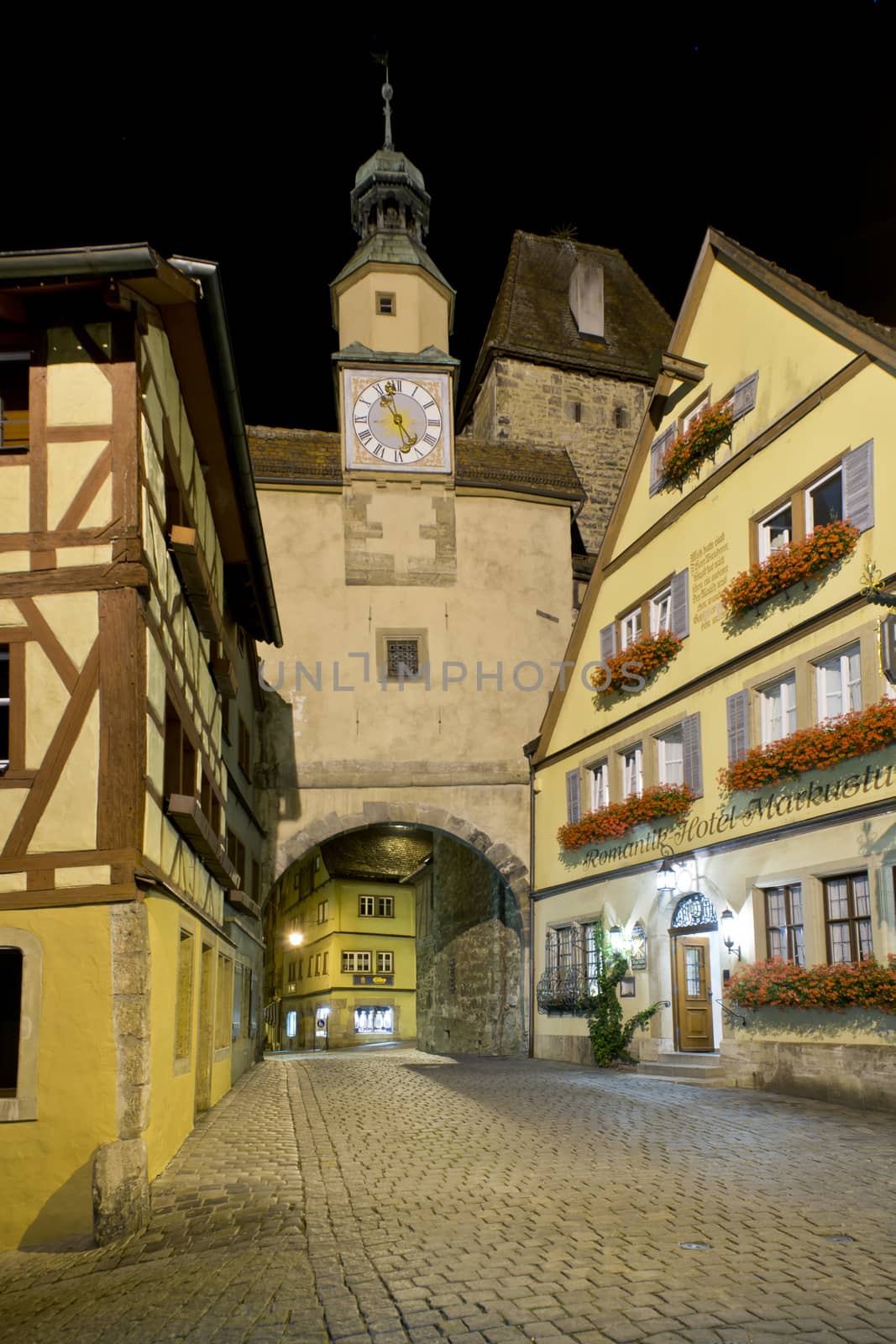 Night shot at one gate of the medieval town of Rothenburg ob der Tauber in Bavaria