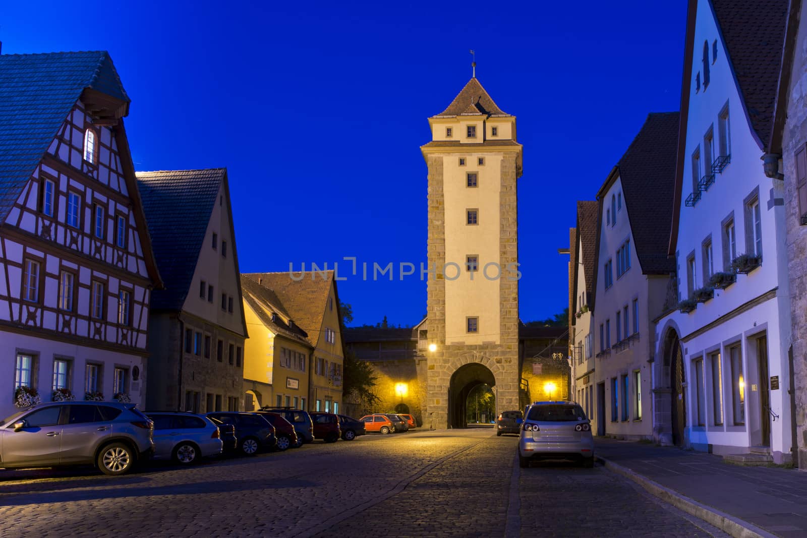 Night shot at one gate of the medieval town of Rothenburg ob der Tauber in Bavaria