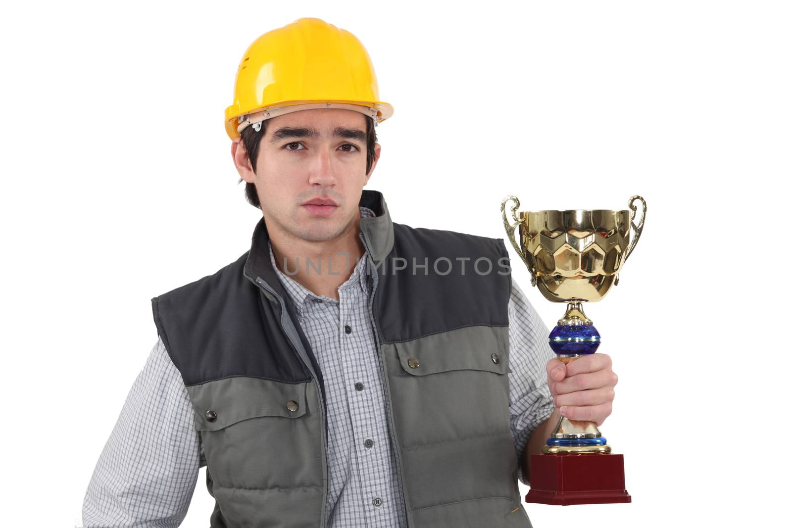Laborer holding gold cup by phovoir