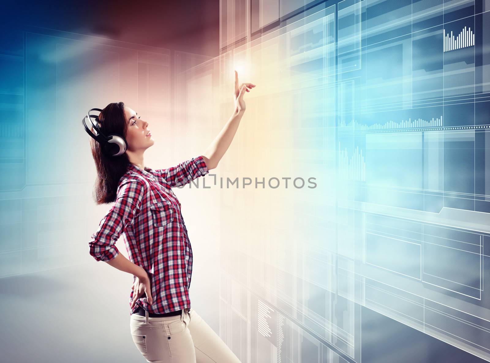 Woman touching virtual screen by sergey_nivens
