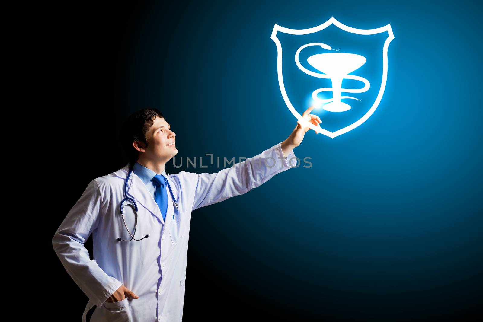 Young male doctor touching with finger media icon