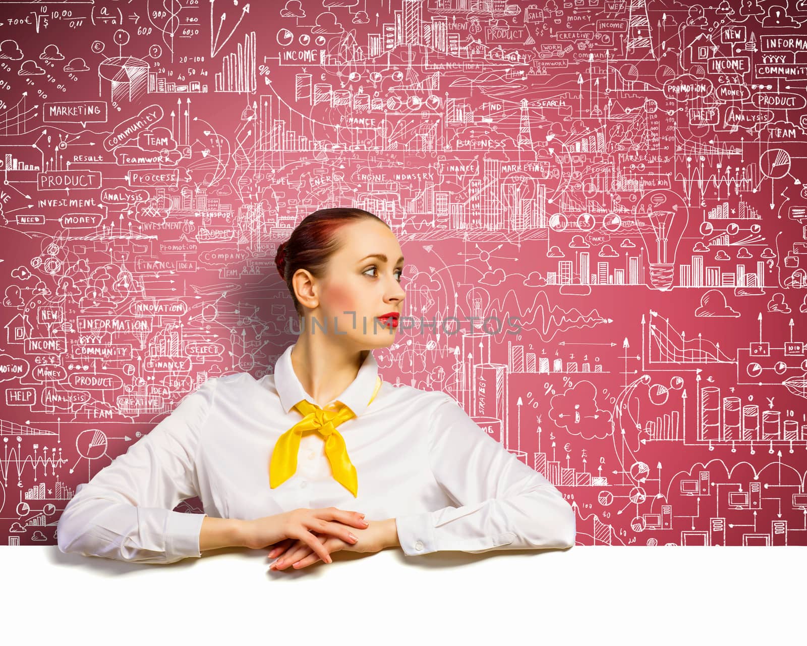 Young businesswoman holding white blank banner. Place for text