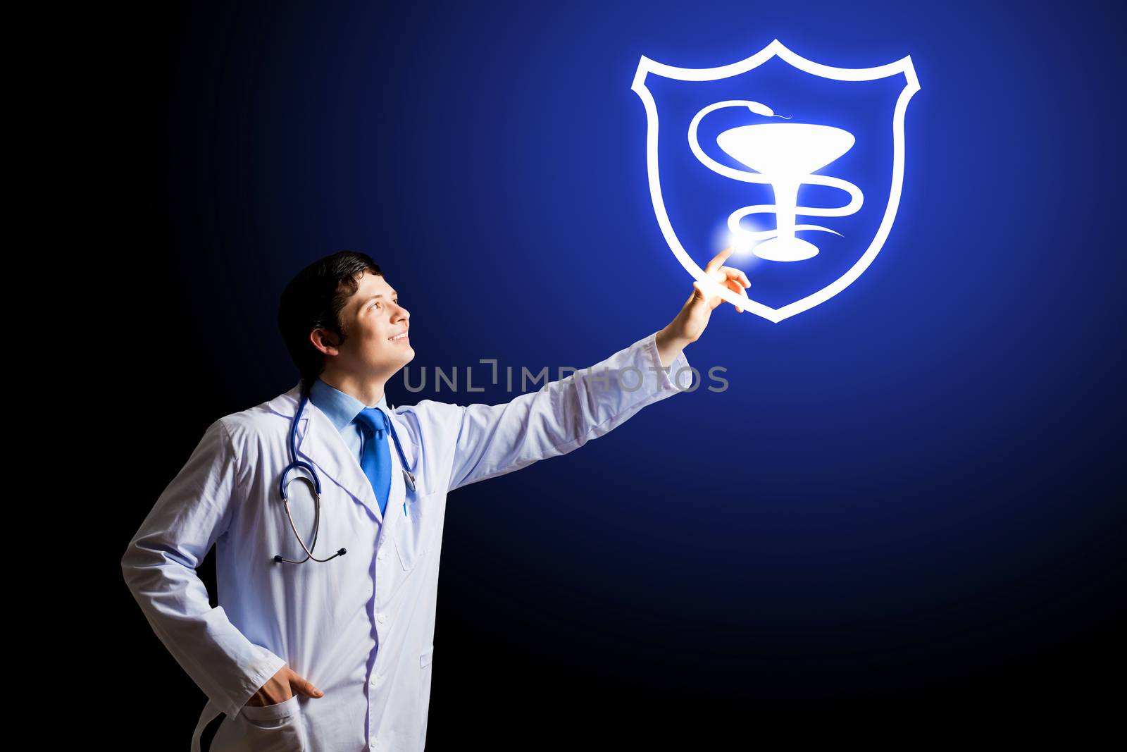 Young male doctor touching with finger media icon