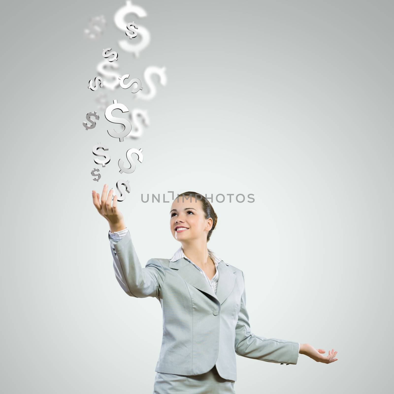Image of young happy businesswoman. Currency concept