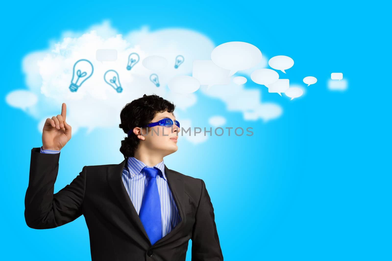 Image of young businessman with light bulbs. New idea and inspiration