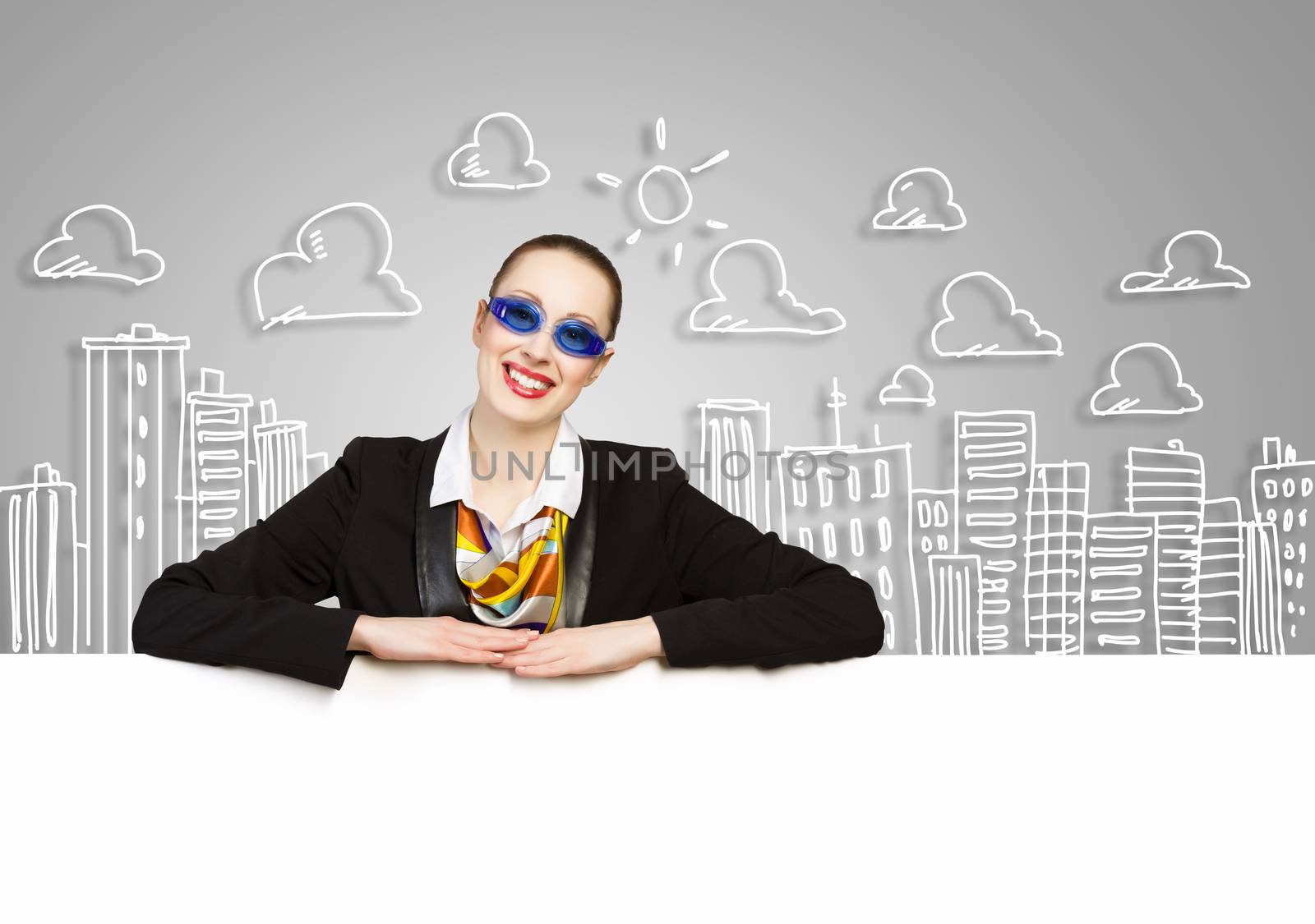 Image of young businesswoman wearing goggles and holding blank banner