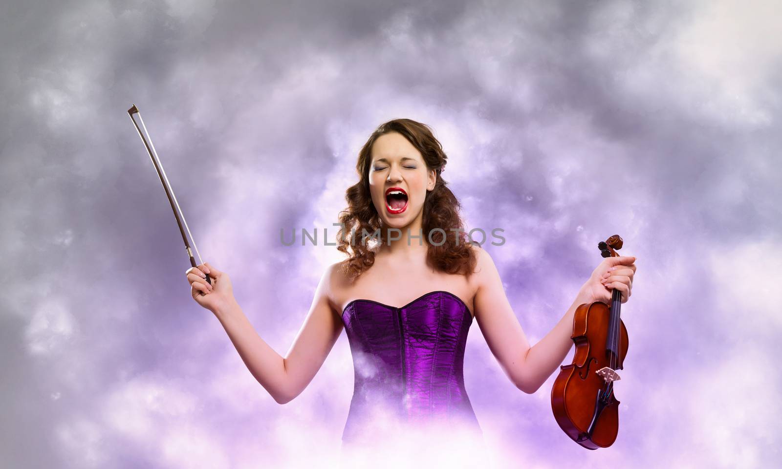 Image of young singing woman holding violin