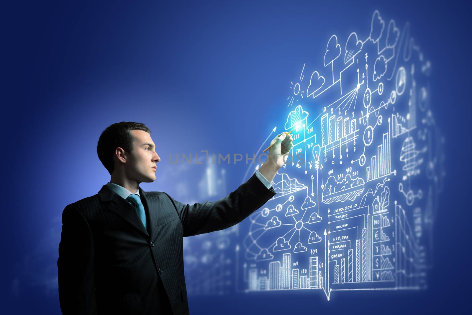 Image of businessman pressing icon of media screen. Innovations