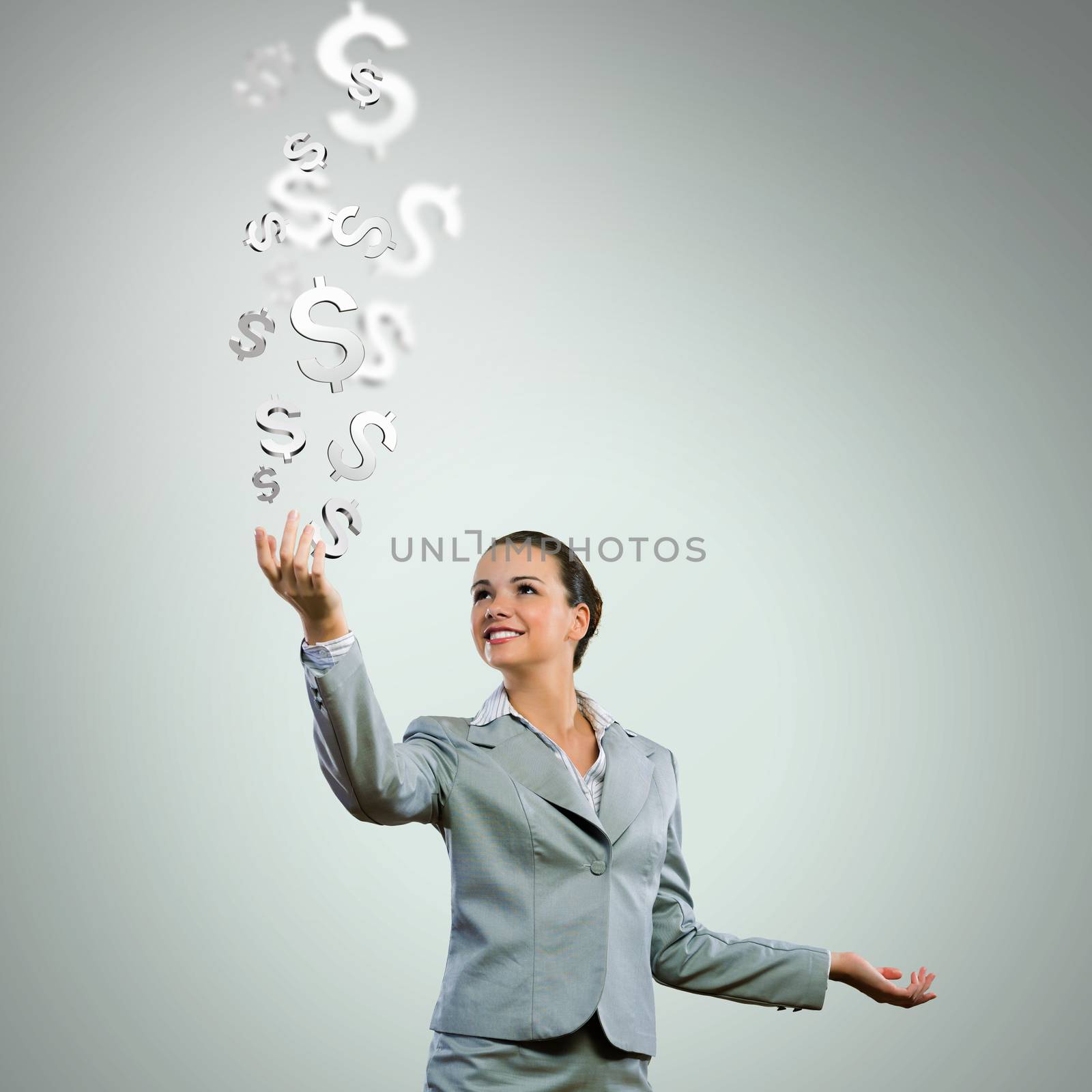 Image of young happy businesswoman. Currency concept