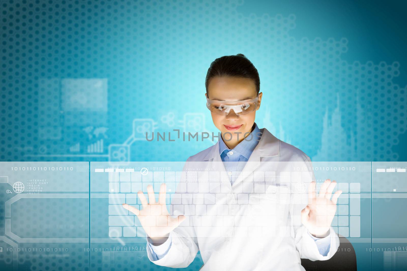 Image of young woman scientist touching icon of media screen