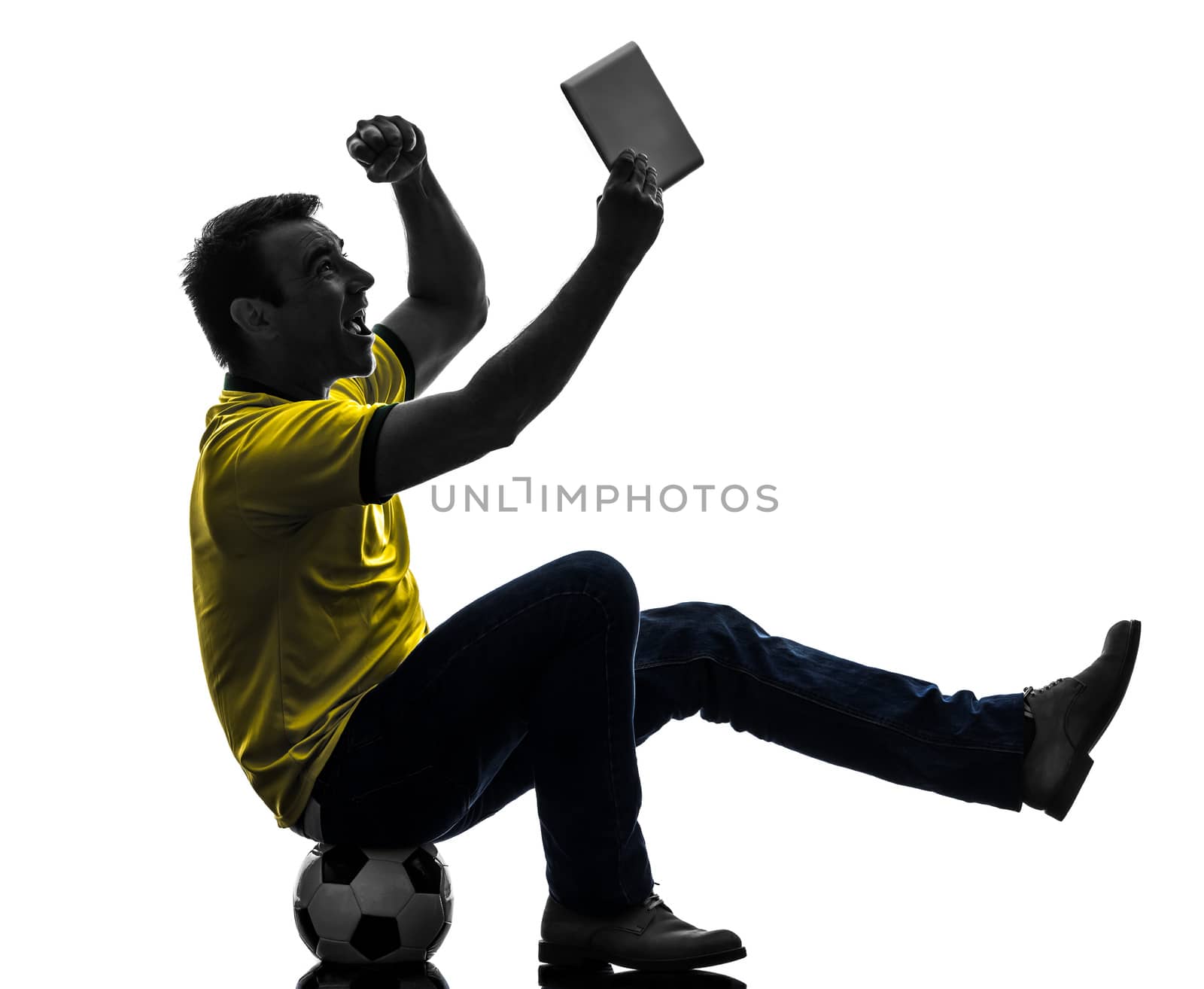 one caucasian man holding digital tablet   in silhouette on white background