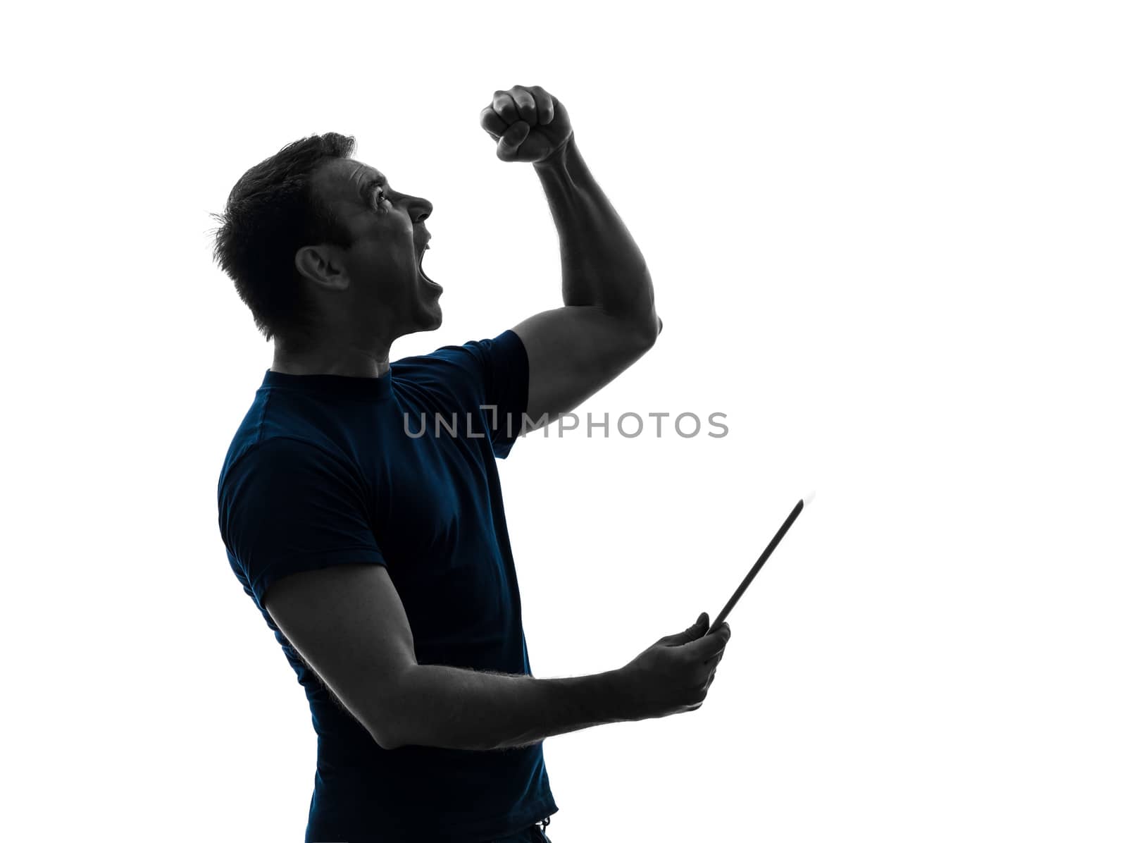 one caucasian man holding digital tablet happy joy  in silhouette on white background