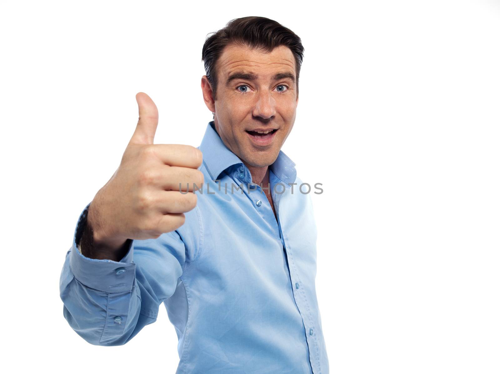 man portrait cheerful thumb up  studio isolated on white background