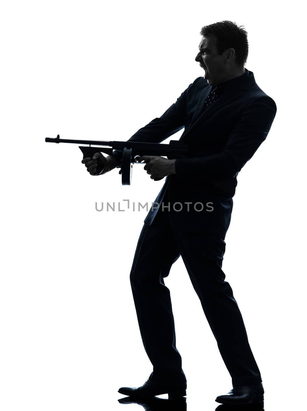 gangster man holding thompson machine gun silhouette by PIXSTILL