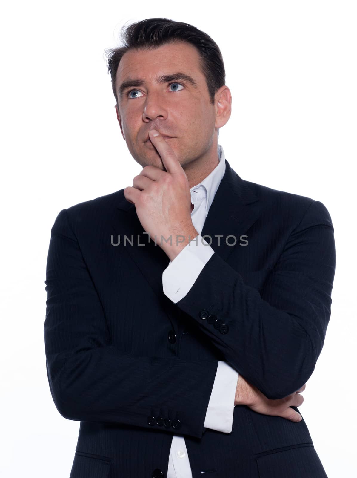 studio portrait on white background of a hansdsome pensive man