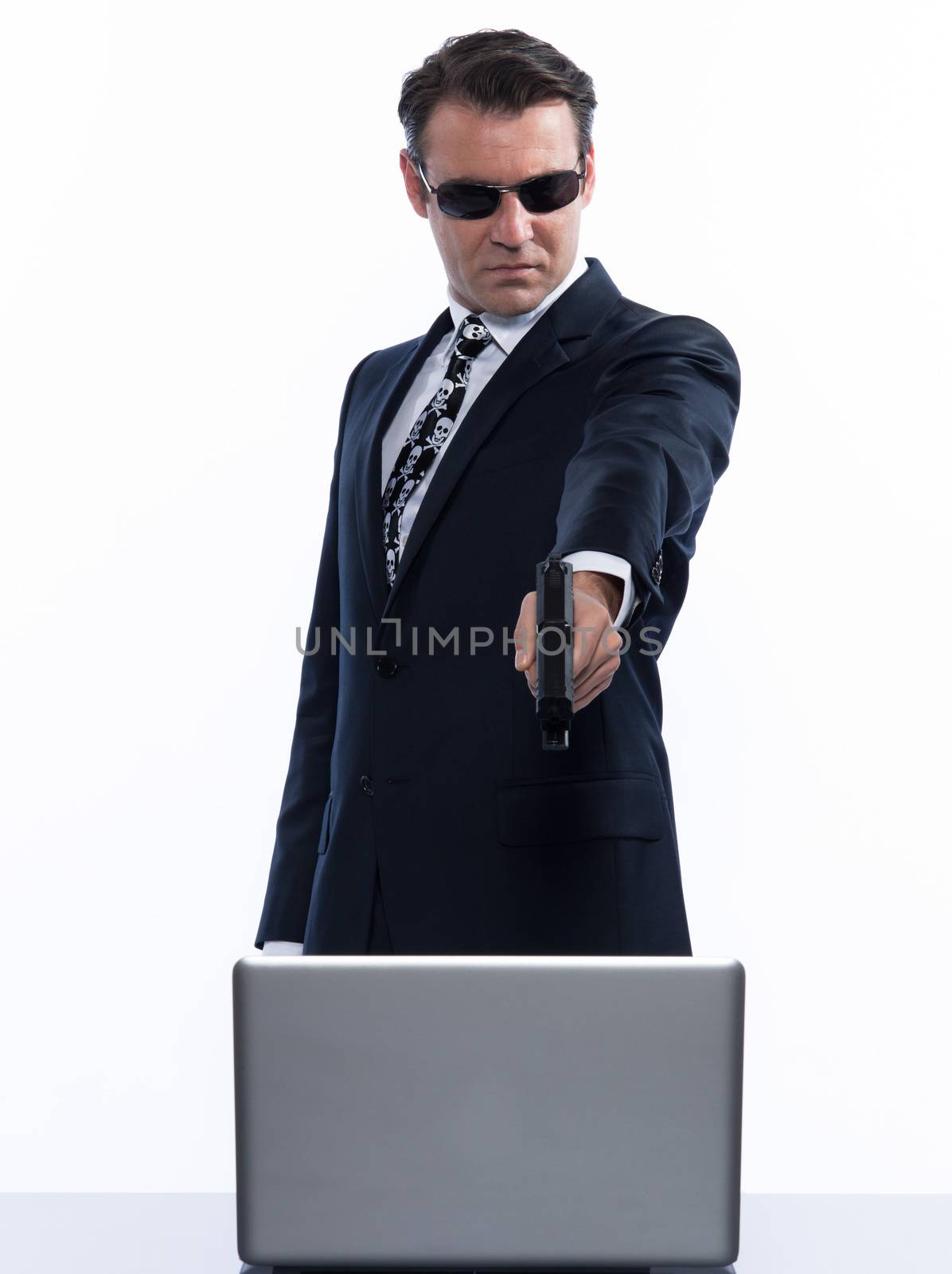 man caucasian hacker computer attack isolated studio on white background