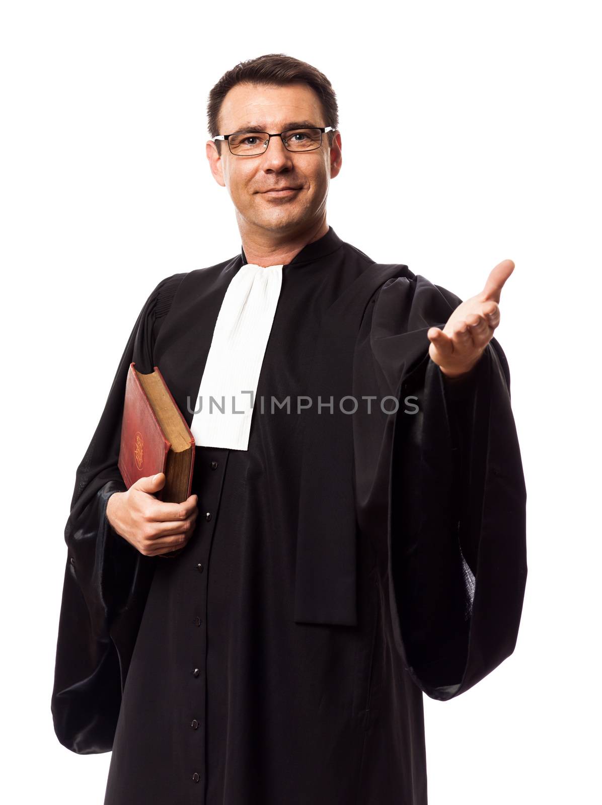 one caucasian lawyer man in studio isolated on white background