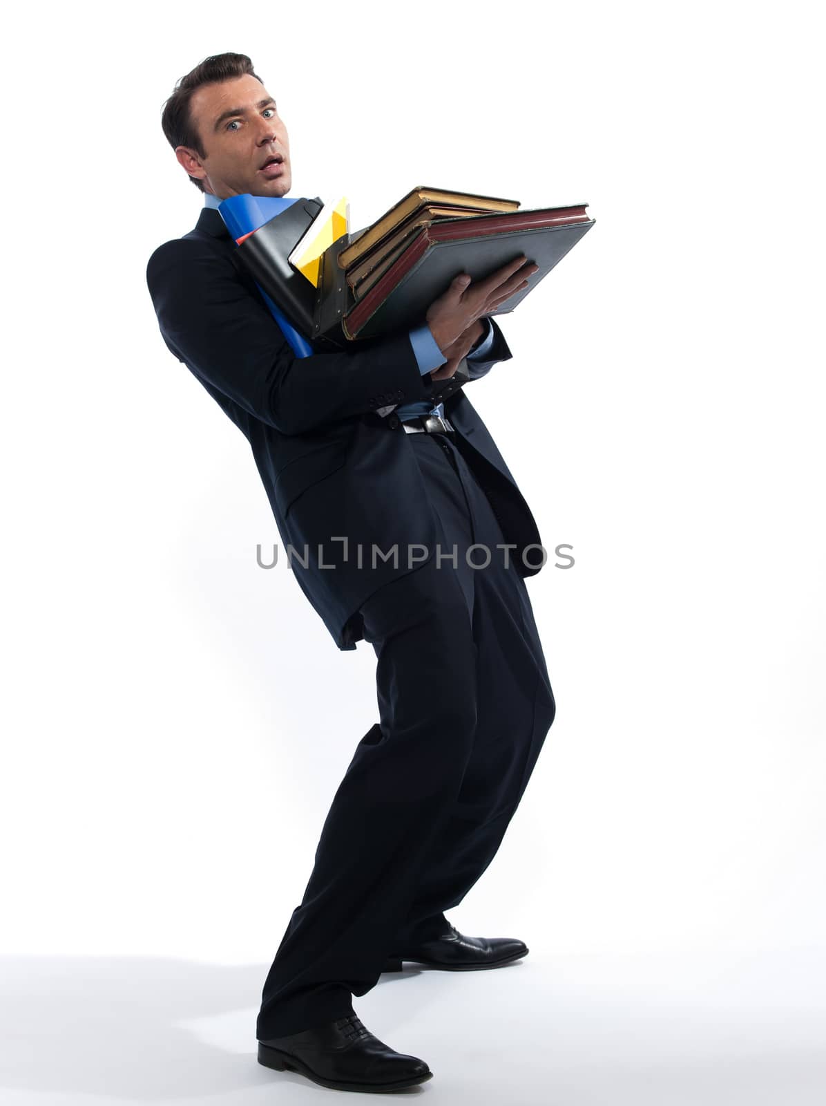 man businessman overloaded holding files isolated studio on white background