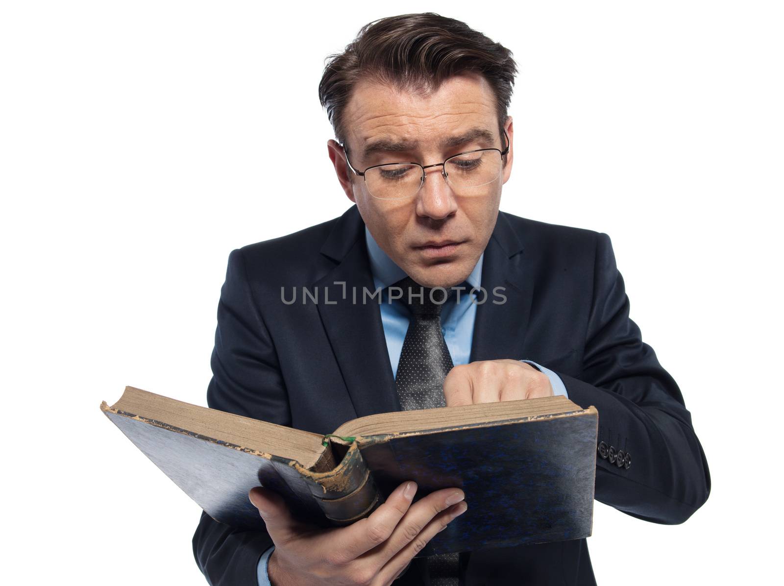 one man caucasian professor teacher teaching  reading an ancient book isolated studio on white background