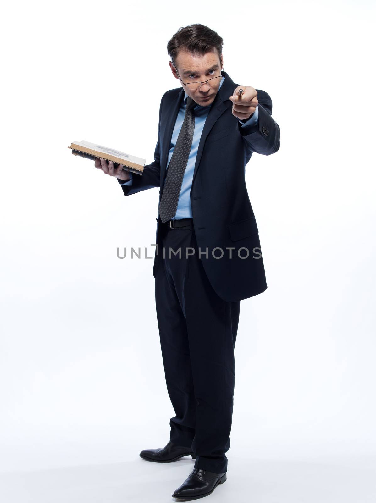 one man caucasian professor teacher teaching  reading an ancient book isolated studio on white background
