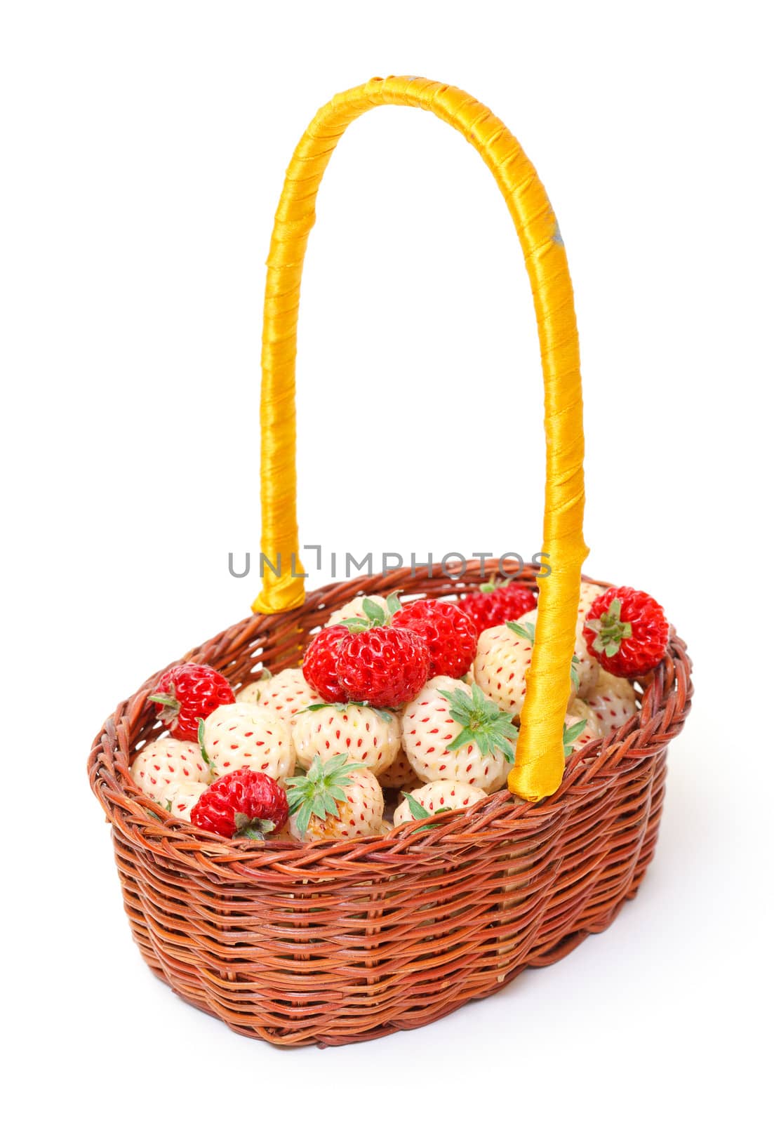 Ripe White and Red Strawberries in basket, on white background