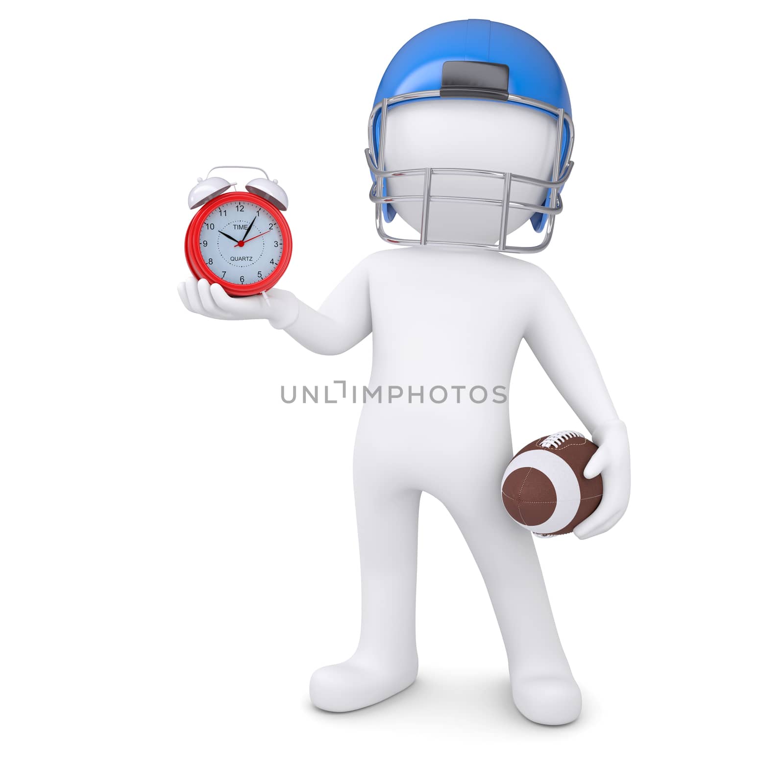 3d man in a football helmet holds red alarm clock. Isolated render on a white background