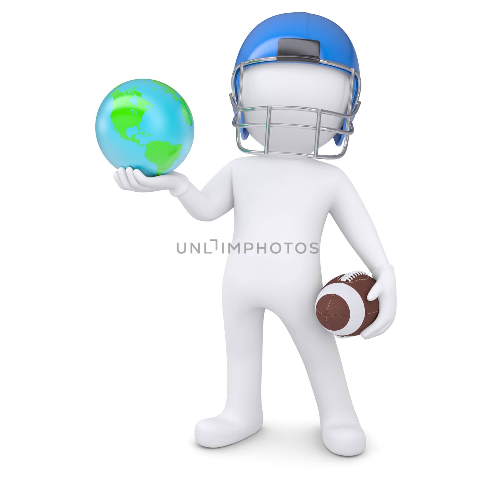 3d man in a football helmet holds the earth by cherezoff