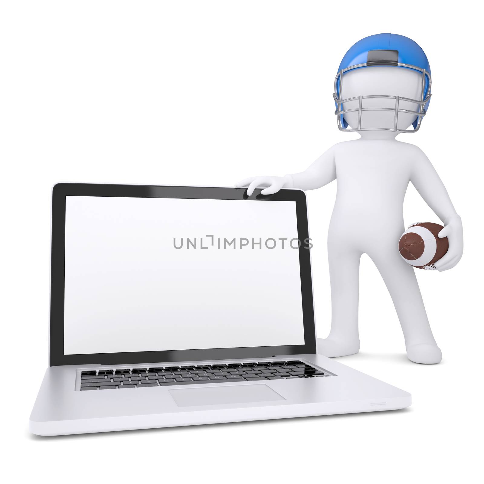 3d man in a football helmet holds laptop by cherezoff