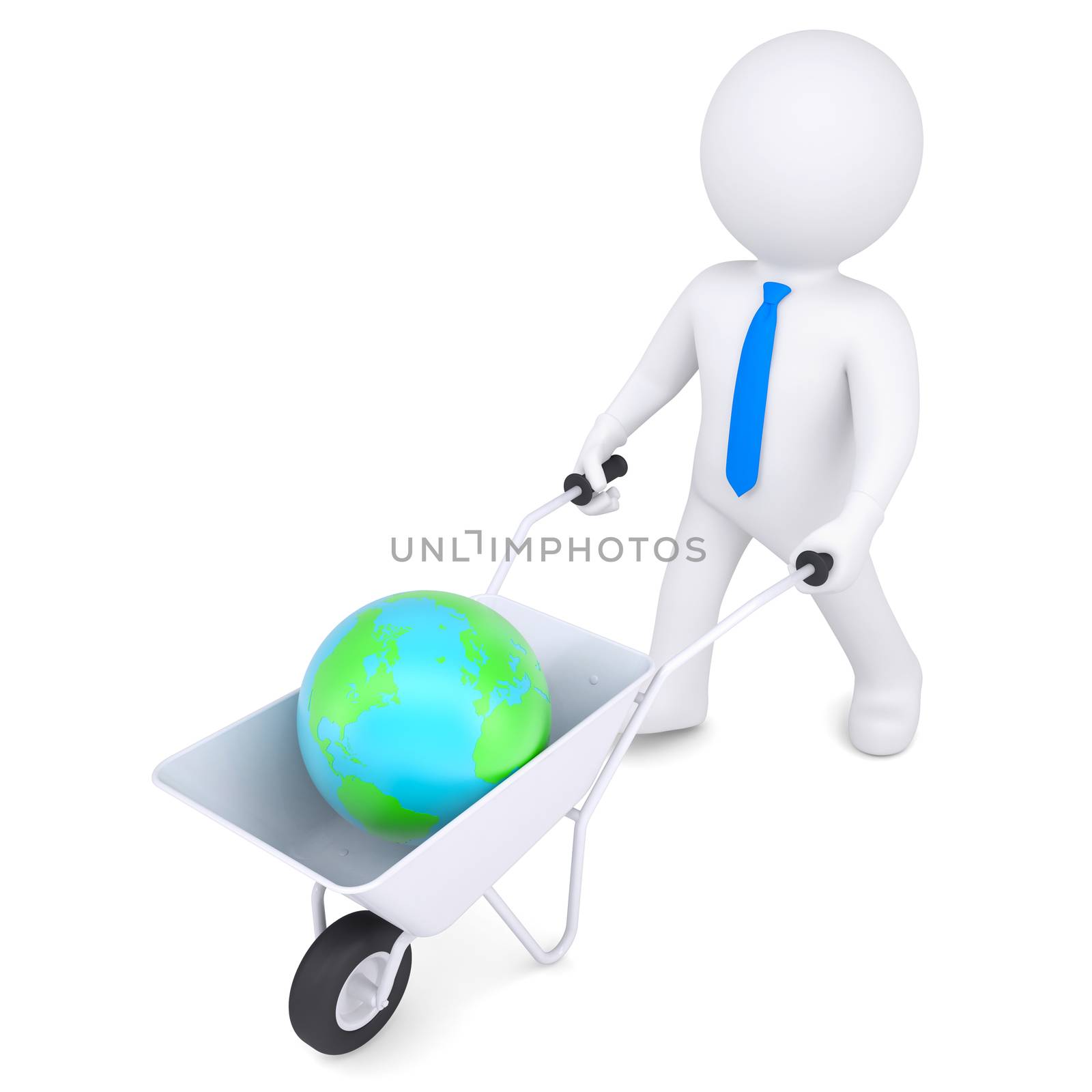 3d white man carries a wheelbarrow of earth. Isolated render on a white background