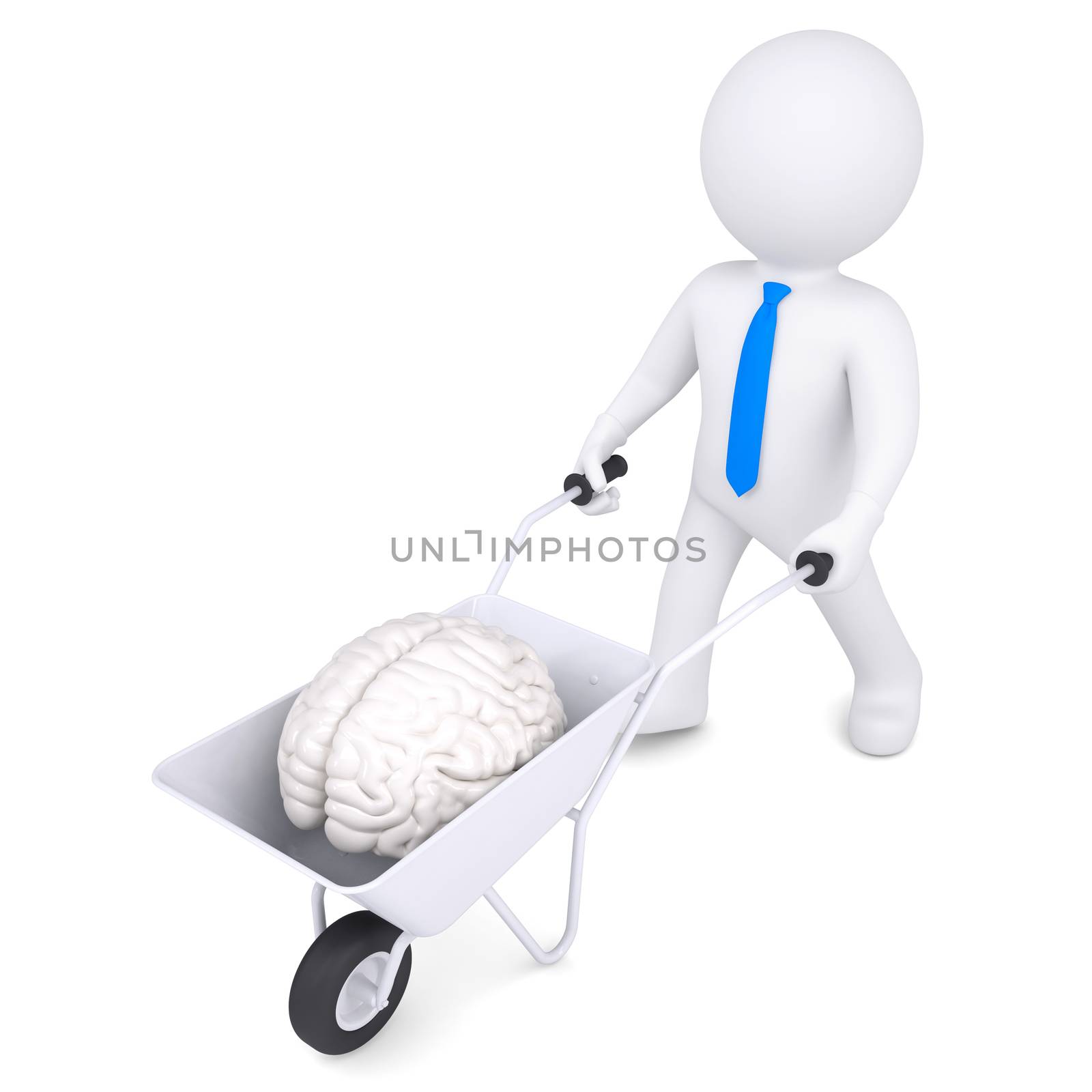 3d white man carries a wheelbarrow of brain. Isolated render on a white background