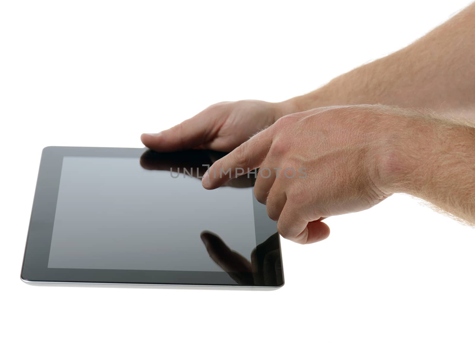 Using a tablet computer isolated on white background