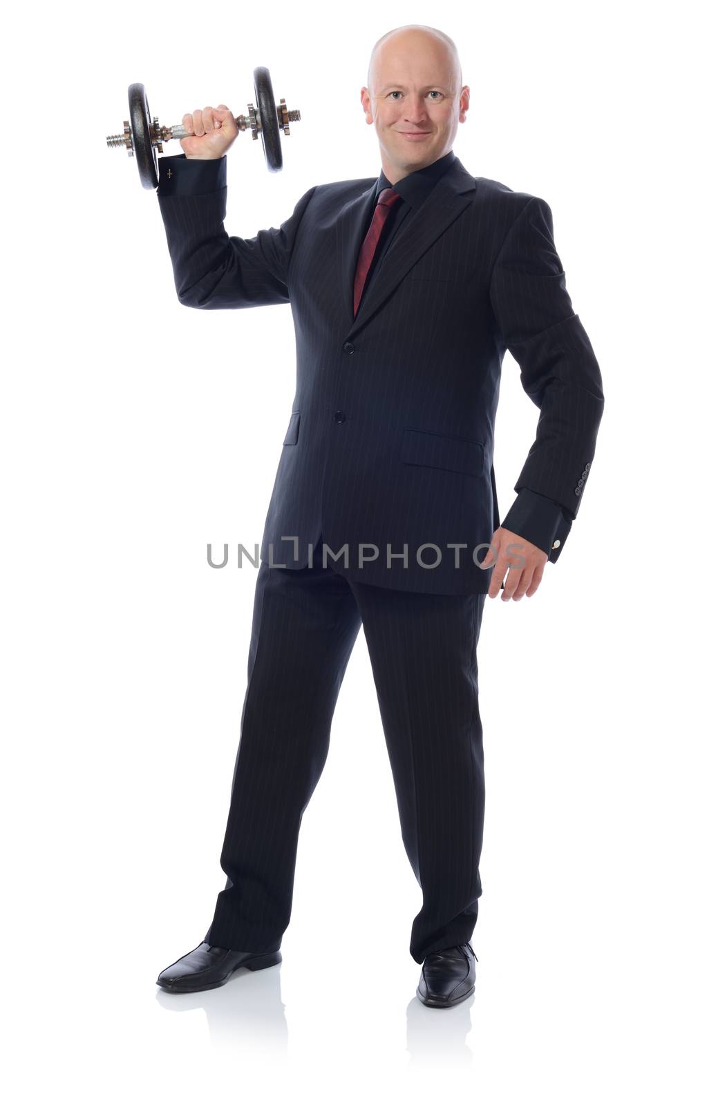 Man is suit lifting a weight concept of strength and power